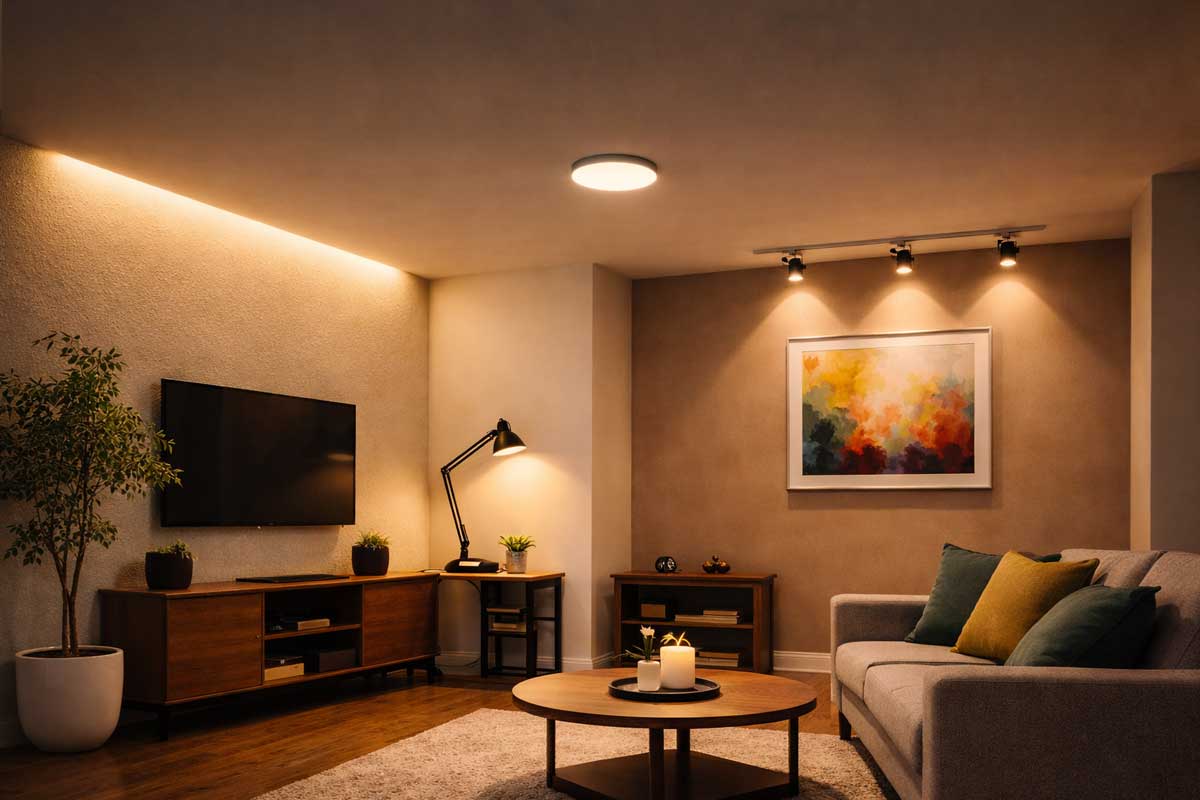 Moderní obývací pokoj s vrstveným osvětlením – kombinace ambientního, pracovního a akcentního světla