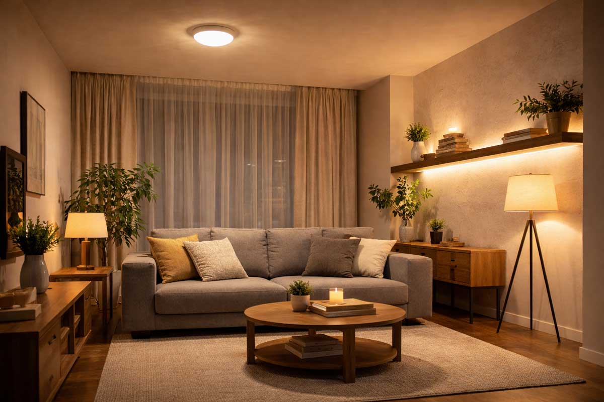 Moderní bytový interiér s vrstveným osvětlením – kombinace stropního, stojacího a nepřímého světla