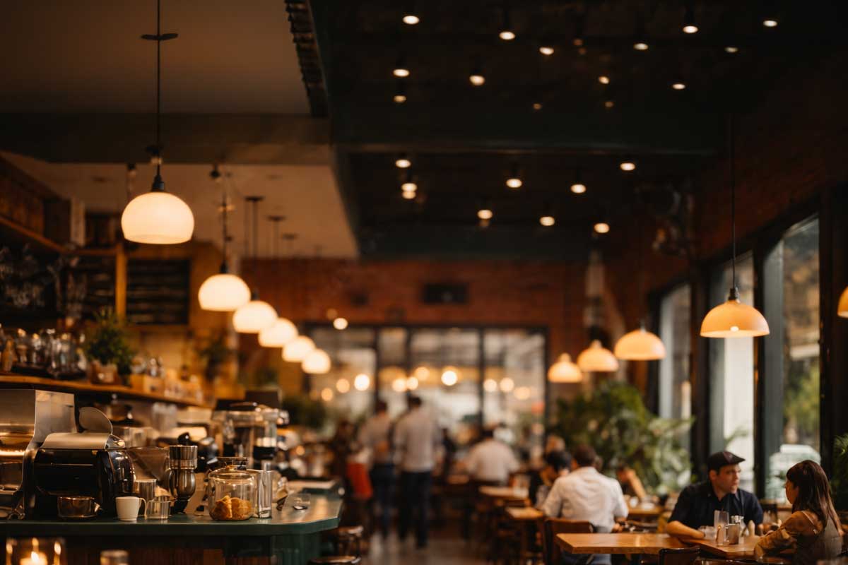 Moderní interiér restaurace s teplým ambientním osvětlením, závěsnými svítidly nad stoly, barovým pultem vlevo a hosty sedícími u stolů v útulné atmosféře.