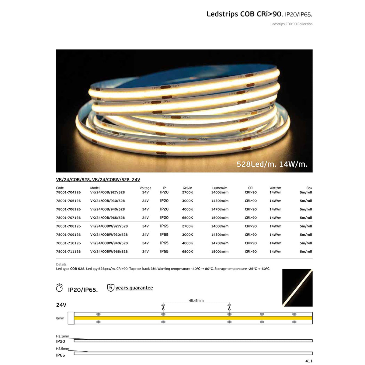 24V LED COB traka, CRI90, IP65, 3000K, prigušiva (5 m)