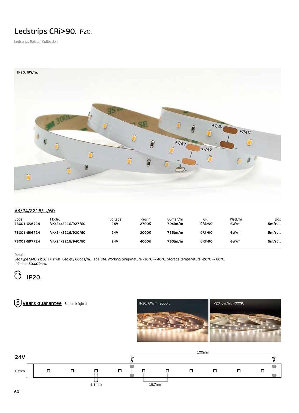 24V LED traka, CRI90, IP20, 4000K (5 m)