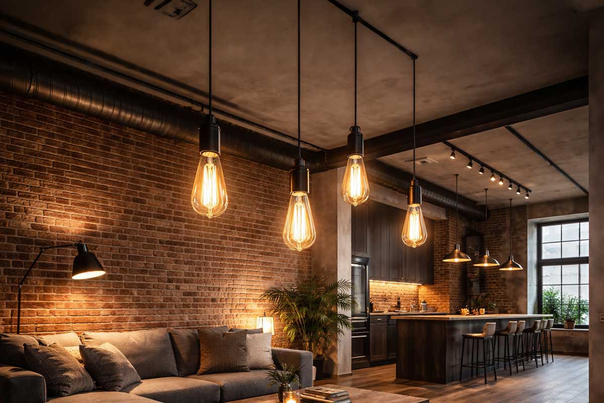 Industriální loftový interiér s cihlovou zdí a závěsnými Edison žárovkami v teplém osvětlení