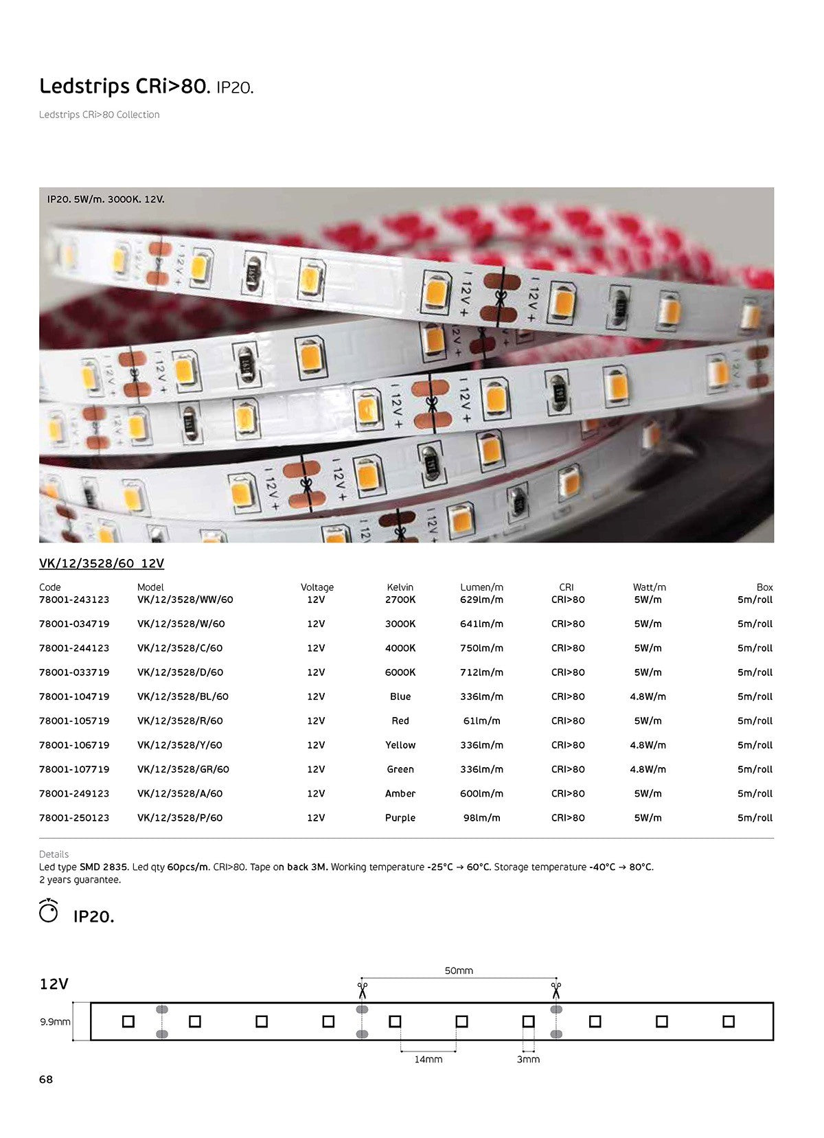 12V LED traka, CRI80, IP20, 3000K (5 m)