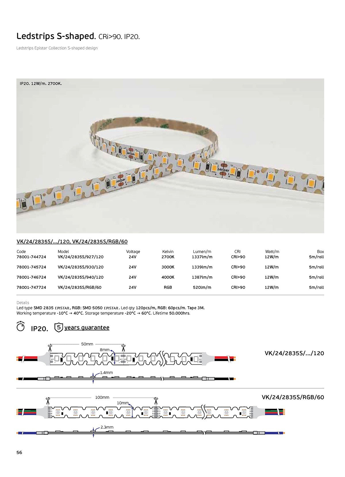 LED traka bočno montirana S-oblika 24V CRI90 IP20 3000K (5 m)