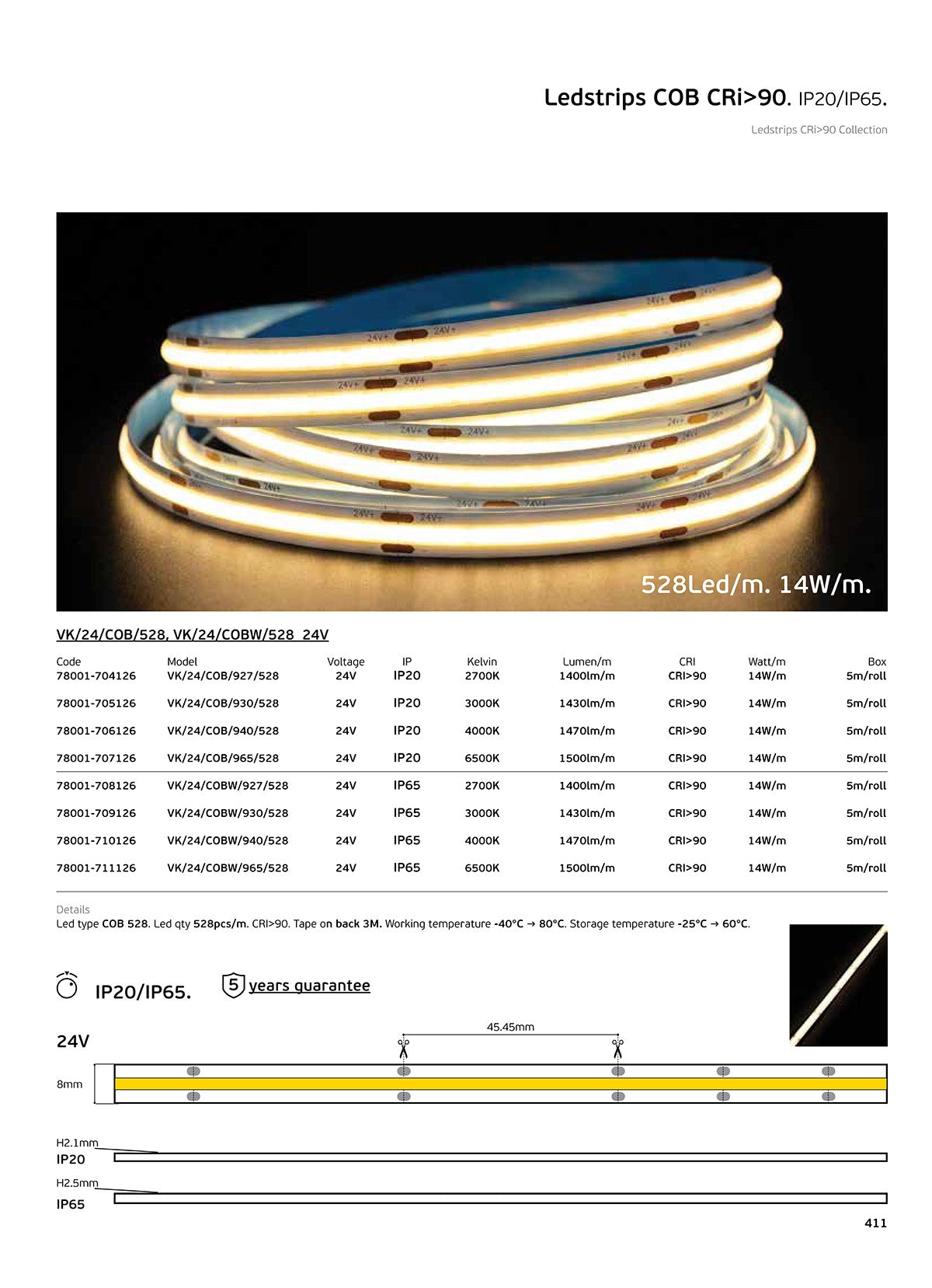 COB LED traka, 24V, CRI90, IP20, 3000K/4000K, dimabilna (5 m)
