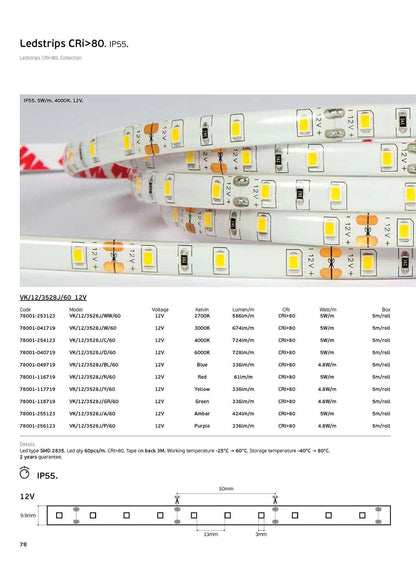 12V LED traka, CRI80, IP55, 3000K (5 m)