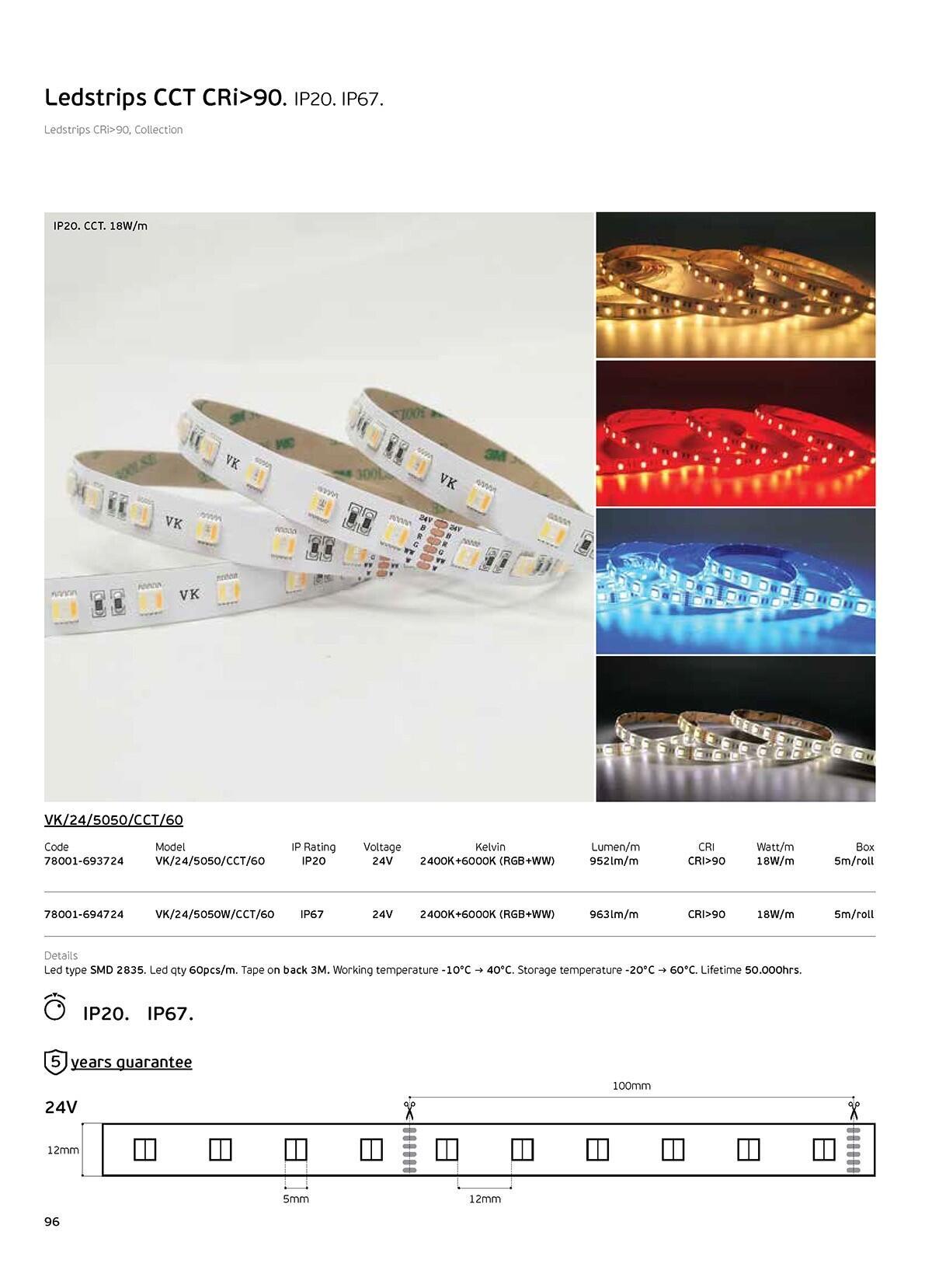 RGB+CCT LED traka 24V 18W/m CRI90 IP20 2400K–6000K (5m)