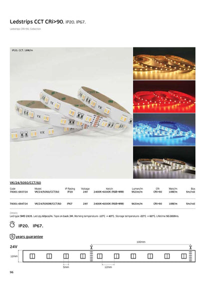 RGB+CCT LED traka 24V 18W/m CRI90 IP20 2400K–6000K (5m)